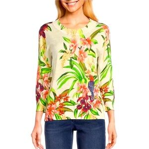 Tommy Bahama Villa Views Tropical Floral Print Crew Neck Long Sleeve Sweater